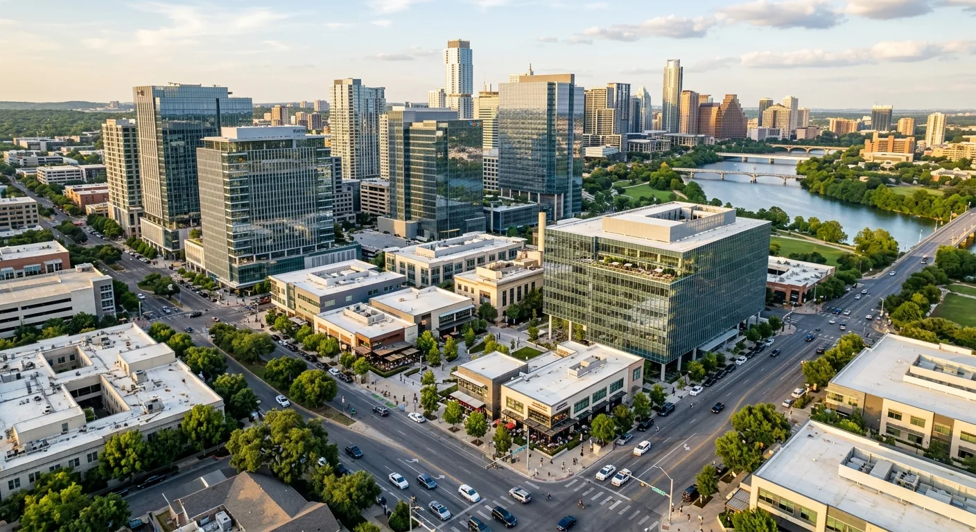 Aerial view of a modern mixed-use commercial district in Austin Texas with office towers and retail buildings