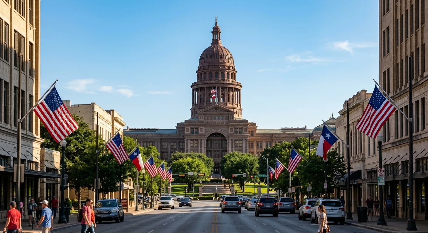 Texas State Capitol building in Austin viewed from Congress Avenue on a clear sunny day