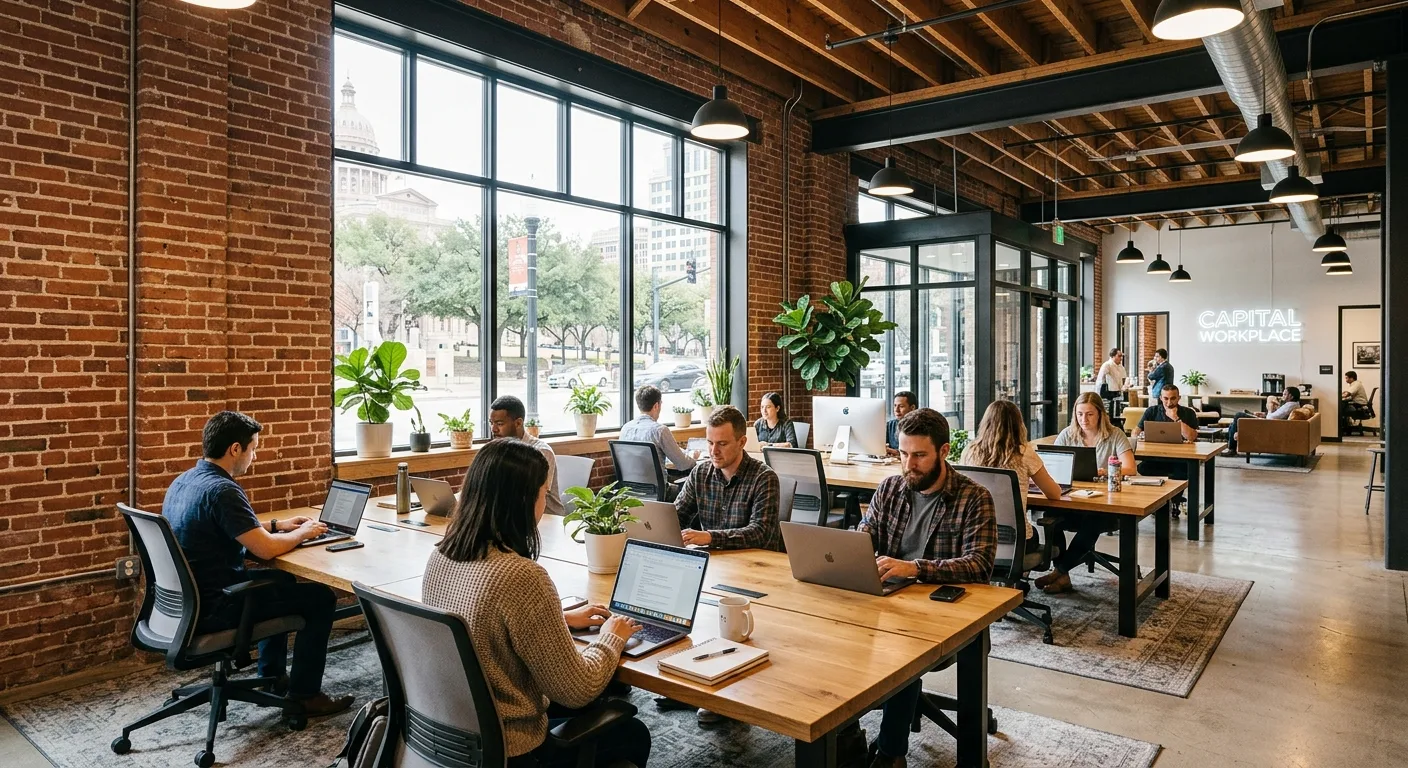 Modern coworking office space in Austin Texas with exposed brick walls, wooden desks, and large windows